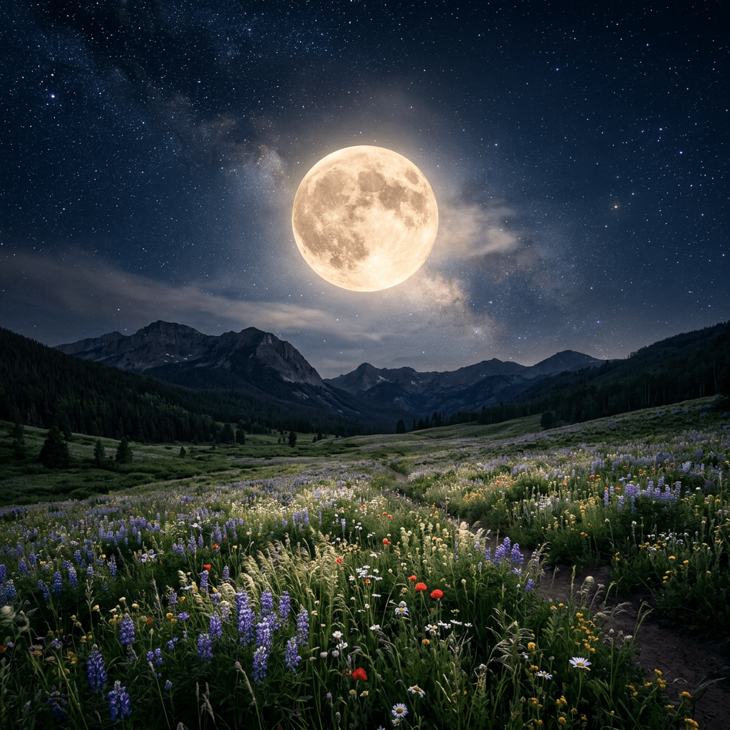 Full moon shining over a mountain valley with colorful wildflowers at night