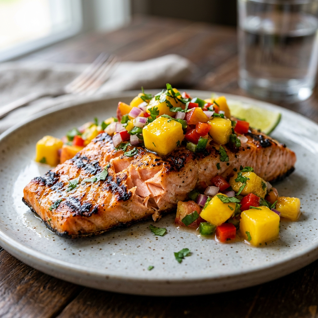 Grilled salmon fillet with mango salsa including red onion, red pepper, and herbs